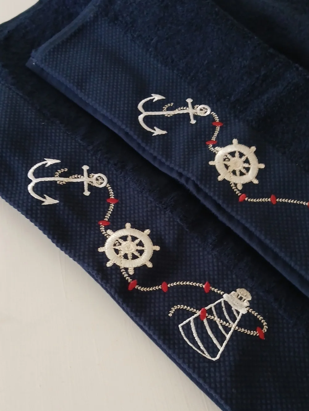 Navy Blue Bath Hand Towels Embroidered Anchor Steering Wheel Lighthouse Rope (3)